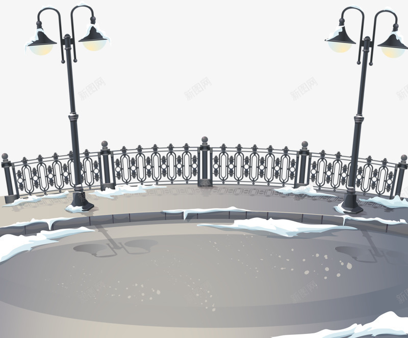 下雪的街道png免抠素材_新图网 https://ixintu.com 卡通 白色 白雪 路灯