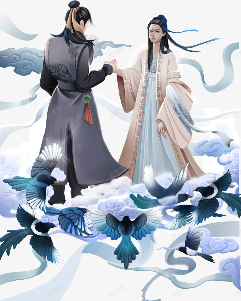牛郎织女鹊桥会png免抠素材_新图网 https://ixintu.com 七夕节 动漫效果 喜鹊 情人节 牛郎织女 祥云 鹊桥会