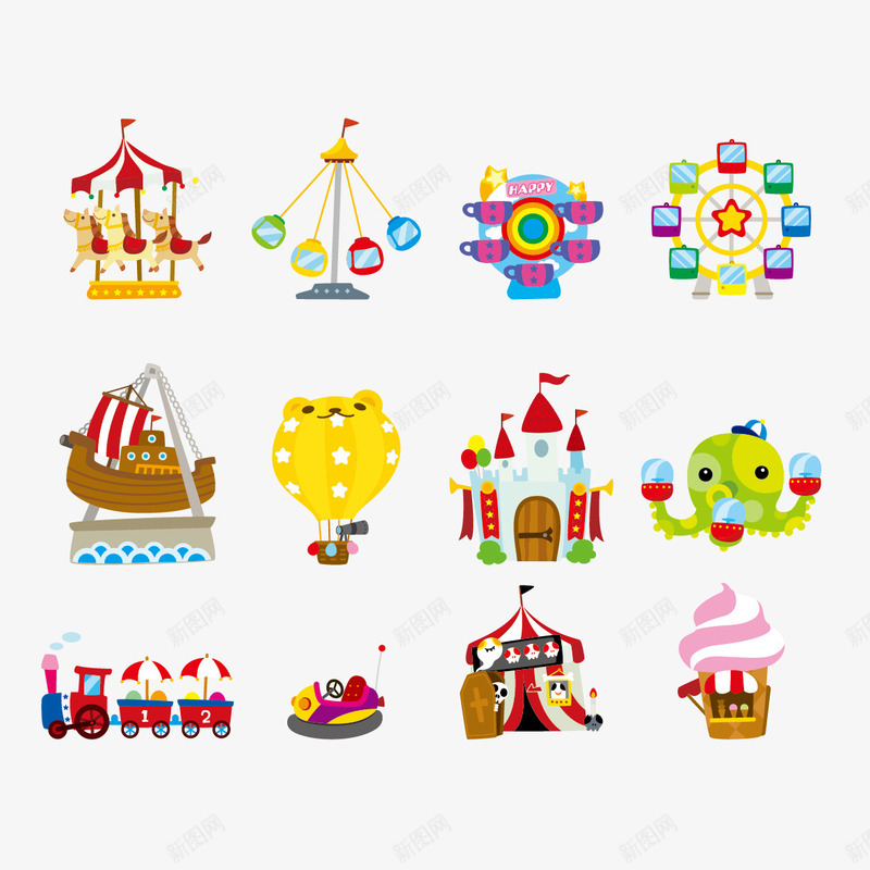 游乐场装备矢量图ai免抠素材_新图网 https://ixintu.com 冰淇淋房子 海盗船 游乐场 过山车 矢量图