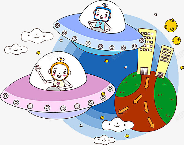 地球与外星人png免抠素材_新图网 https://ixintu.com 卡通 可爱 地球 外星人 平面 手绘 时间 飞船