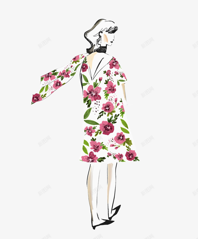 粉色桃花碎花裙子时尚女郎png免抠素材_新图网 https://ixintu.com 卡通平面 卷发女孩 女生女孩 女生背影 手绘女孩 碎花丝巾 碎花裙子