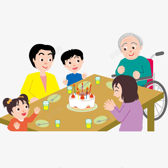 一家人的生日庆典png免抠素材_新图网 https://ixintu.com 女孩 妈妈 家庭 寿比南山 爸爸 生日蛋糕 男孩 福如东海 福如东海寿比南山 给妈妈过生日 老人 聚餐 轮椅