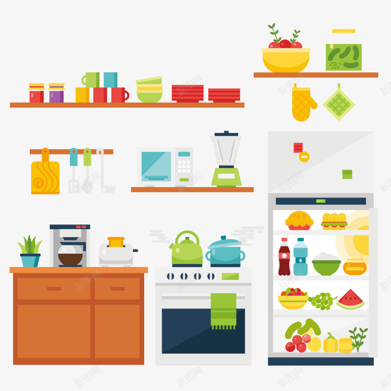 厨房生活用品图标场景矢量图eps_新图网 https://ixintu.com 椁愬巺 缇庡懗 鍘埧 鍘埧鐢熸椿鐢搧鍥炬爣鍦烘櫙璁捐 閿呯 矢量图