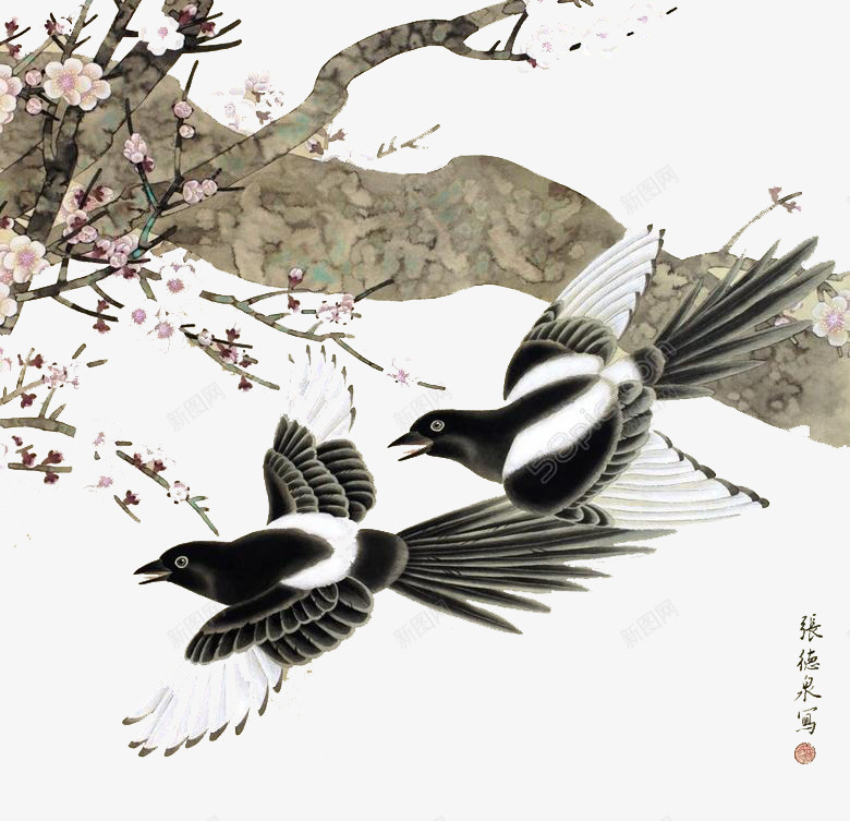 com 中国风喜鹊 免扣喜鹊 喜雀 梅花 水墨 飞翔的喜鹊