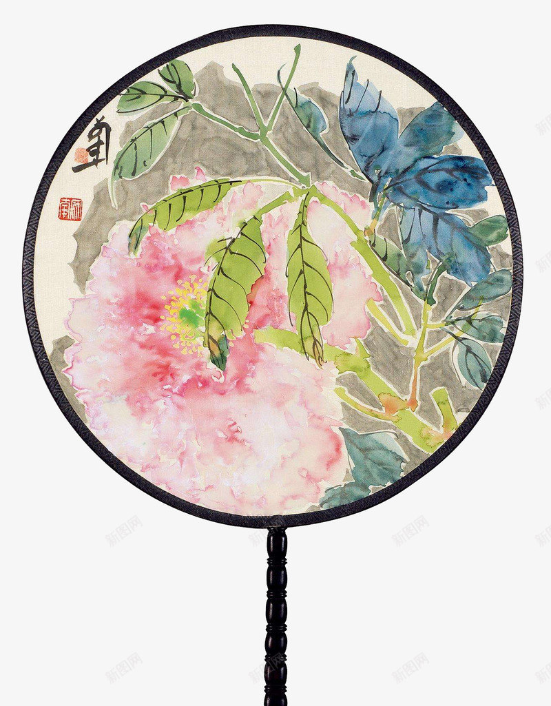 实物手绘团扇牡丹png免抠素材_新图网 https://ixintu.com 叶子 团扇 国画 扇子 扇面 手绘团扇 牡丹花