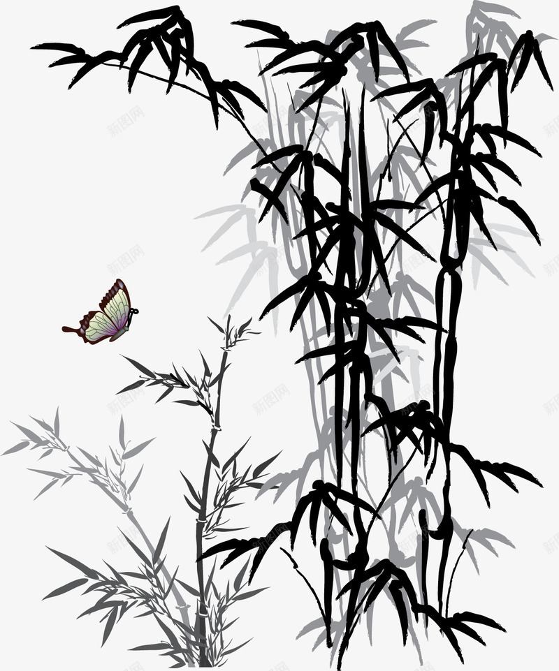 竹子矢量图ai免抠素材_新图网 https://ixintu.com 中国风 水墨 水墨画 竹子 蝴蝶 矢量图