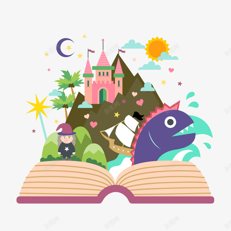 书中的童话世界矢量图ai免抠素材_新图网 https://ixintu.com 书 卡通 童话 矢量图