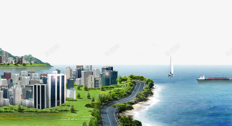 海边城市背景psd免抠素材_新图网 https://ixintu.com 建筑 海水 海港 海湾 道路