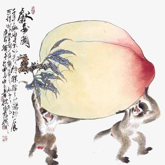 古典风格猴子运桃子png免抠素材_新图网 https://ixintu.com 古典风格 寿比南山 水墨画效果 灰色 猴子运桃子 福如东海 福如东海寿比南山 粉色 红色 褐色