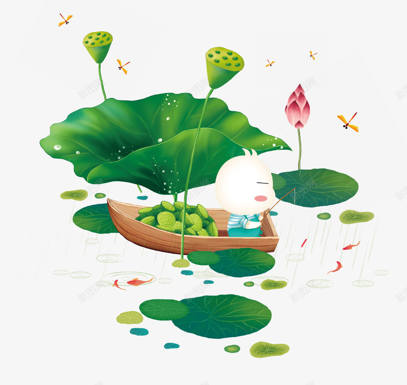 卡通手绘夏季节气插画psd免抠素材_新图网 https://ixintu.com 卡通手绘 可爱 唯美 夏季 小船 池塘 绿色 荷叶