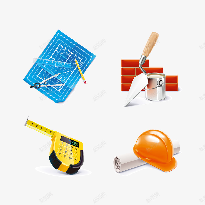 建筑施工图标矢量图ai_新图网 https://ixintu.com 卷尺 图纸 圆规 安全帽 工具 施工图标 矢量图