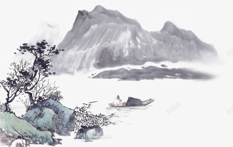 中国风水墨png免抠素材_新图网 https://ixintu.com 国画 山水 树木 风景画 黑白