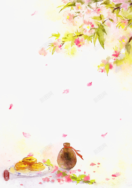 手绘古风植物背景png免抠素材_新图网 https://ixintu.com 古风 古风背景 树枝 漂浮花瓣 绿色叶子 鲜花