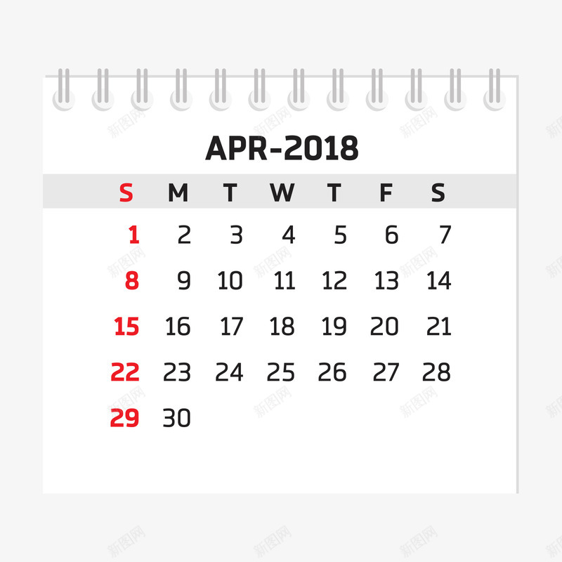 黑白色2018四月台历png免抠素材_新图网 https://ixintu.com 2018 2018台历 台历 四月 日常 白色 黑色