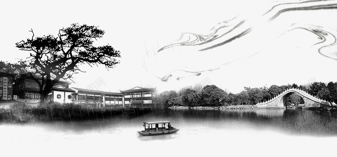 风景png免抠素材_新图网 https://ixintu.com 大树 小船 水墨画 湖水 自然美景