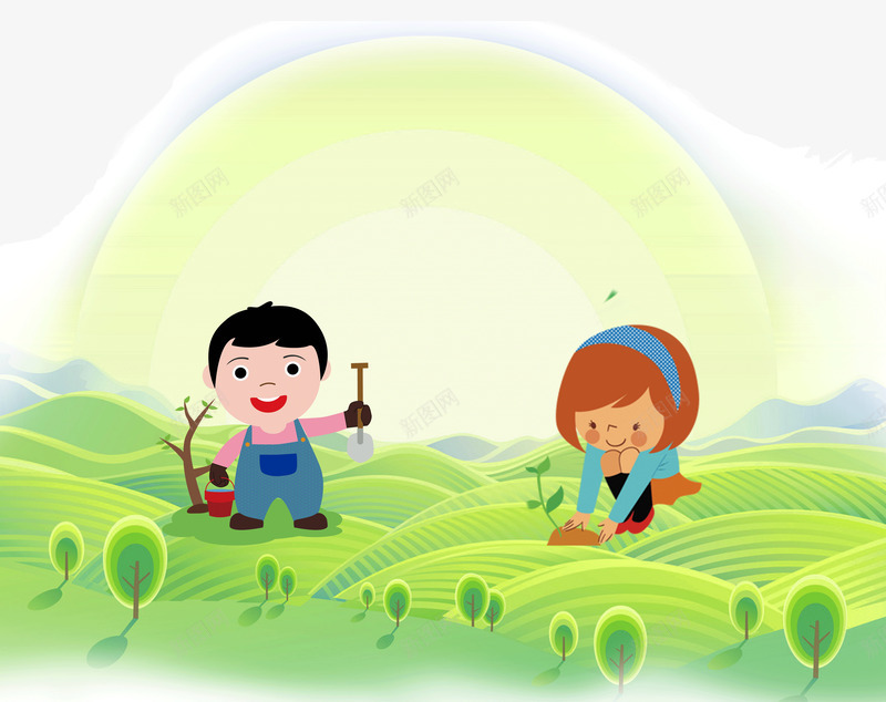 卡通人物种树栽树psd免抠素材_新图网 https://ixintu.com 插画 树叶 植树节 种树 绿树 绿色大树 绿色草地 郊外
