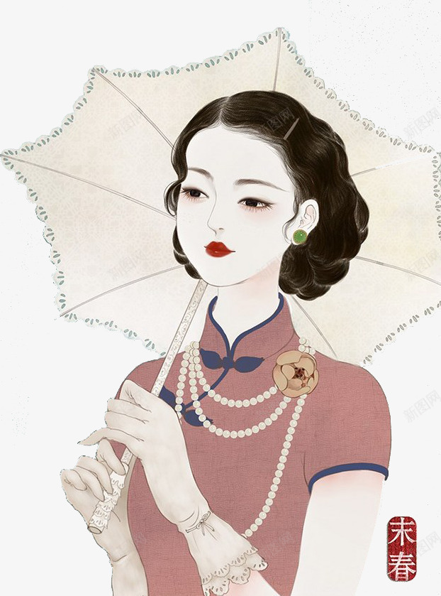 民国人物png免抠素材_新图网 https://ixintu.com 伞 工笔画 手绘 旗袍 红唇