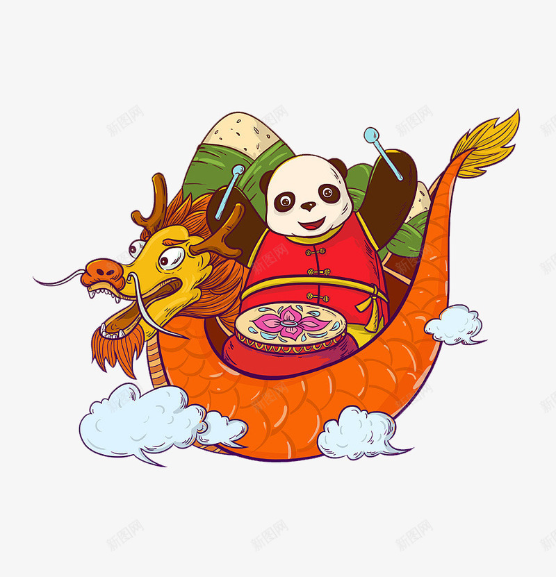 卡通熊猫敲鼓png免抠素材_新图网 https://ixintu.com 敲鼓 熊猫 端午节 龙舟