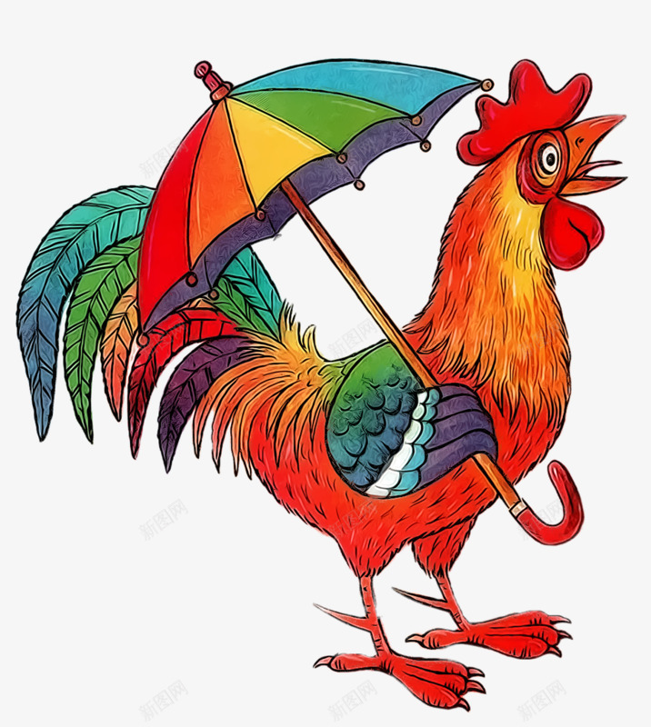 卡通公鸡png免抠素材_新图网 https://ixintu.com 公鸡 卡通 彩色 雨伞 鸡毛