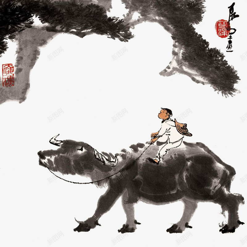 牧童放牧归png免抠素材_新图网 https://ixintu.com 中国 平面 水墨 牧童 牧童遥指杏花村