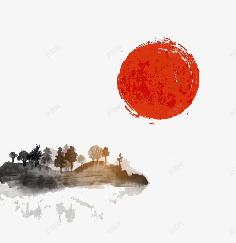 水墨日本国画png免抠素材_新图网 https://ixintu.com 书画 太阳 山水画 水墨画