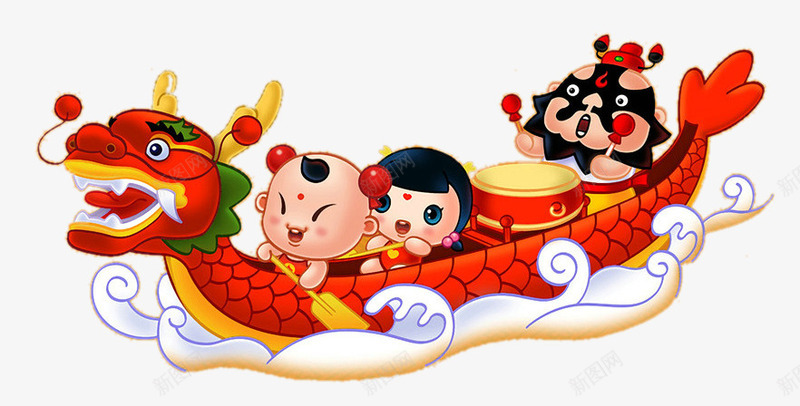 端午节赛龙舟png免抠素材_新图网 https://ixintu.com 传统节日 划桨 卡通 小娃娃 屈原 打鼓 端午节 粽子 赛龙舟 龙舟