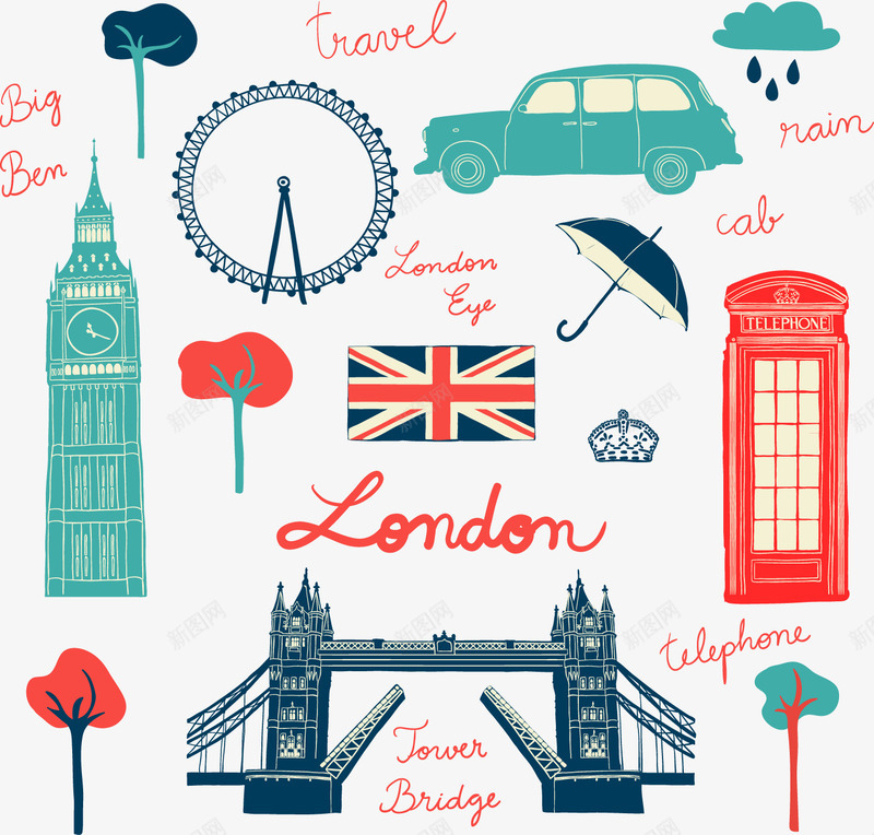 英国旅行矢量图ai免抠素材_新图网 https://ixintu.com 桥 火车 电话亭 英国旅行 矢量图
