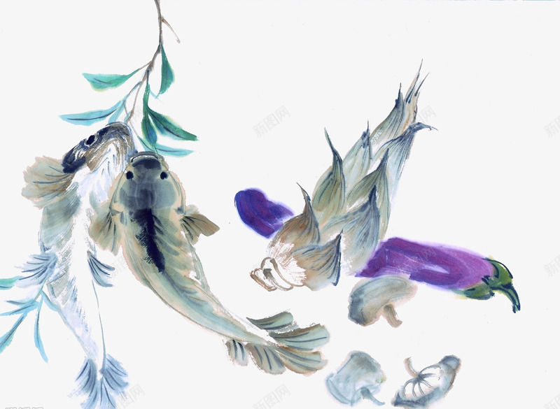 色彩水墨鱼png免抠素材_新图网 https://ixintu.com 两条鱼 创作 国画 彩色水墨鱼 水墨 竹笋 茄子 蘑菇 表现技法
