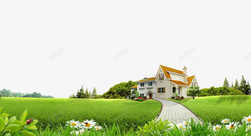 别墅小路草地背景psd免抠素材_新图网 https://ixintu.com 住宅 小路 房屋 田园风光 草坪