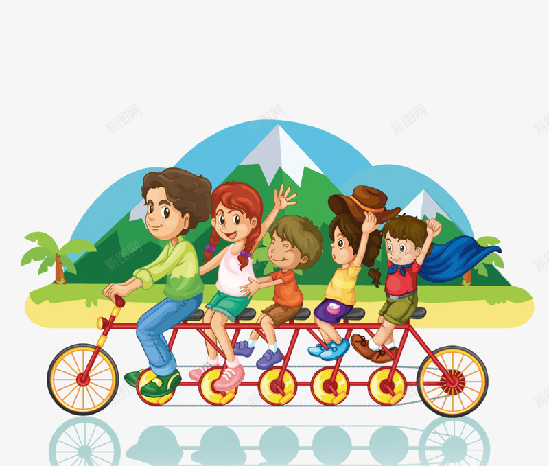 卡通欢乐亲子游插画psd免抠素材_新图网 https://ixintu.com 亲子游 低碳出行 卡通 卡通亲子旅行一家人 山脉 旅行 欢乐 自行车