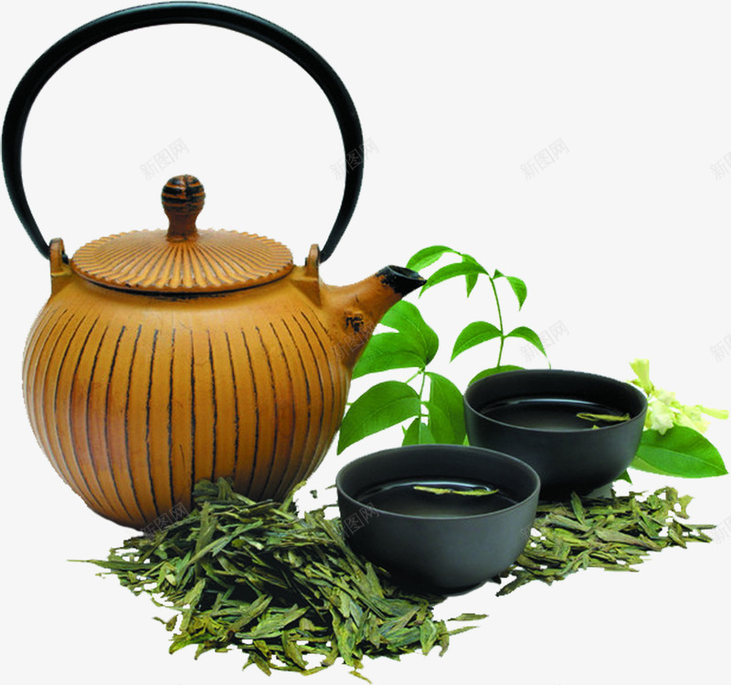 茶壶茶叶毛尖茶png免抠素材_新图网 https://ixintu.com 素材 绿色茶叶 棕色 茶壶 黑色 茶碗 茶具素材