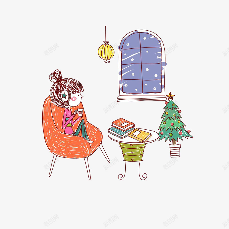 窝在沙发上听音乐的女孩psd免抠素材_新图网 https://ixintu.com 书本 吊灯 插画 沙发上的人 窝在沙发上听音乐的女孩