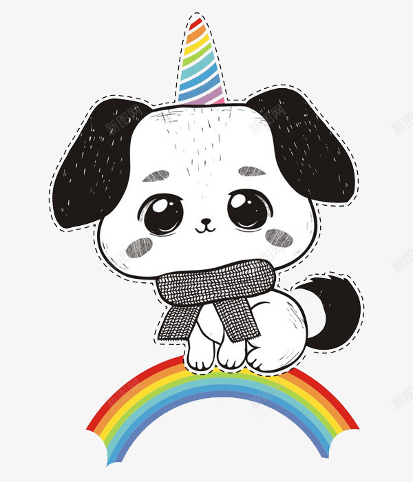卡通彩虹上的小狗图png免抠素材_新图网 https://ixintu.com 动物 卡通 可爱的 呆萌的 围巾 小狗 帽子 彩虹