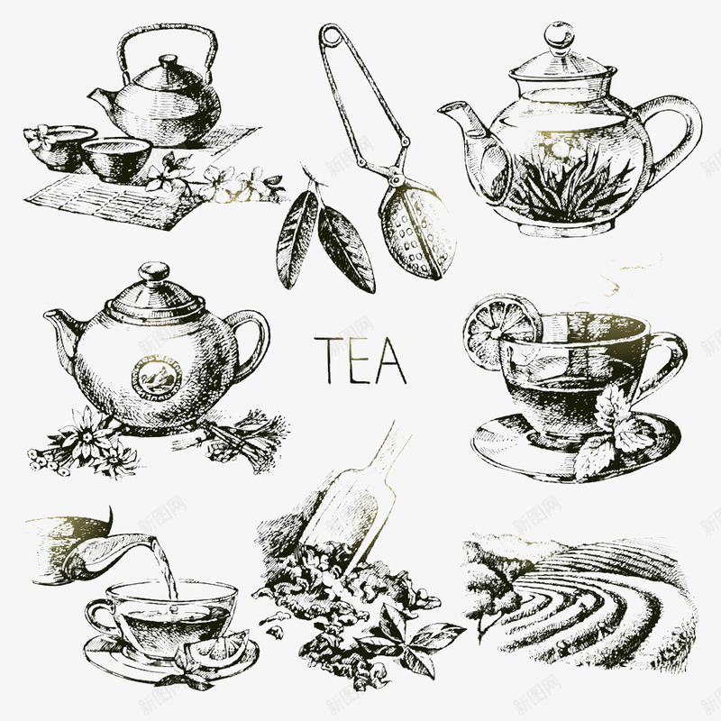 手绘茶叶茶具png免抠素材_新图网 https://ixintu.com 茶具 茶园 茶壶