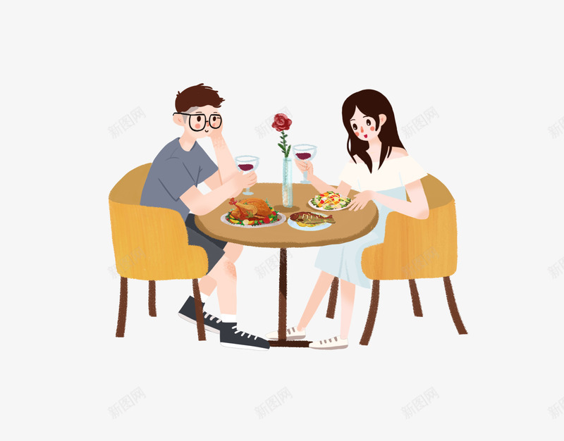 手绘情侣约会png免抠素材_新图网 https://ixintu.com 情侣 手绘 素材 约会 约会吃饭