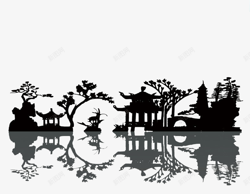 园林素描png免抠素材_新图网 https://ixintu.com 中式庭院 古典 园林 园林线描 小桥流水 水榭 江南 素描 苏州园林