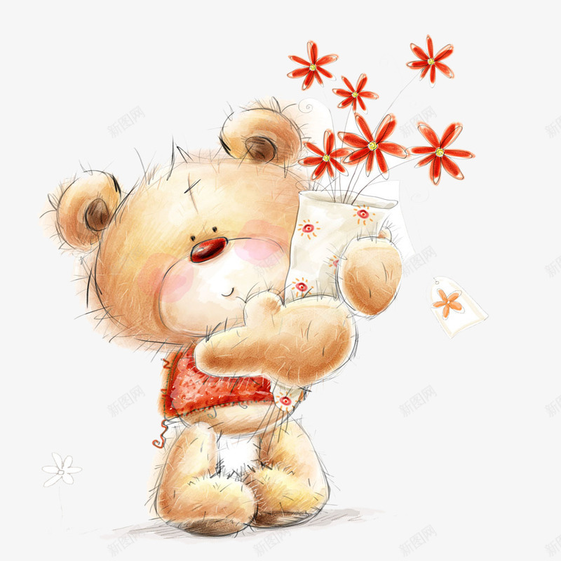 小熊抱着一束花png免抠素材_新图网 https://ixintu.com png图片 免费png 免费png元素 卡通 小熊抱着一束花 抱着小熊的大熊 水彩画