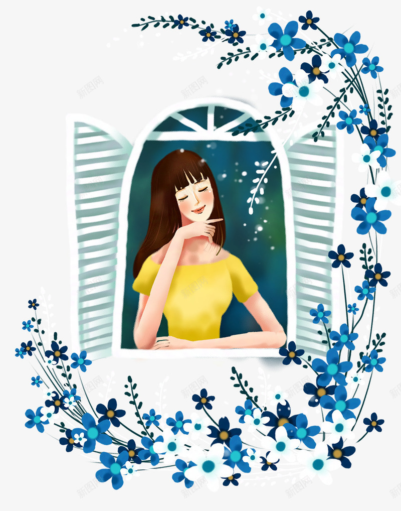 窗前的美少女插画psd免抠素材_新图网 https://ixintu.com 卡通 少女 插画 素材 蓝色