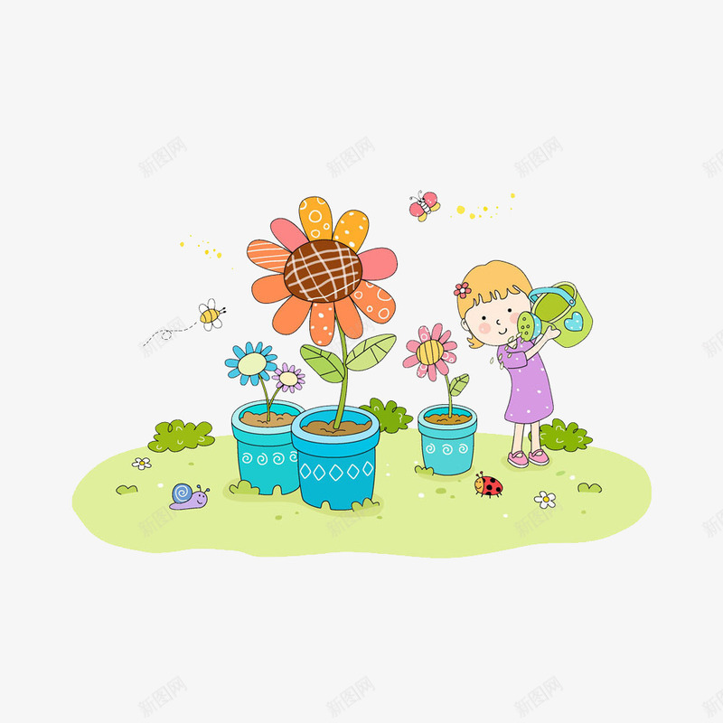 可爱卡通女孩浇水图png免抠素材_新图网 https://ixintu.com 卡通 可爱 女孩 浇水 花草