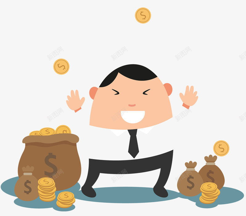 挣钱的人png免抠素材_新图网 https://ixintu.com 卡通 开心 开心的人 男生 金币 钱袋