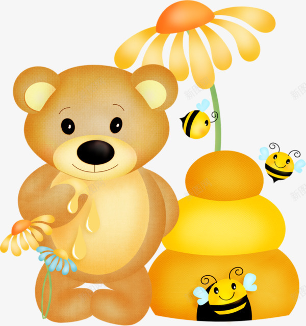 吃蜂蜜的小熊png免抠素材_新图网 https://ixintu.com 卡通 小熊 蜂蜜 蜜蜂 金色
