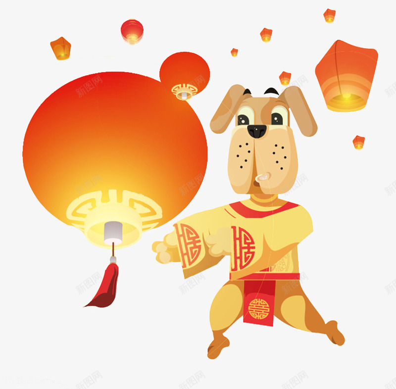 卡通放灯笼的小狗图png免抠素材_新图网 https://ixintu.com 中国风 卡通 小狗 插图 漂浮的 红灯笼 花灯