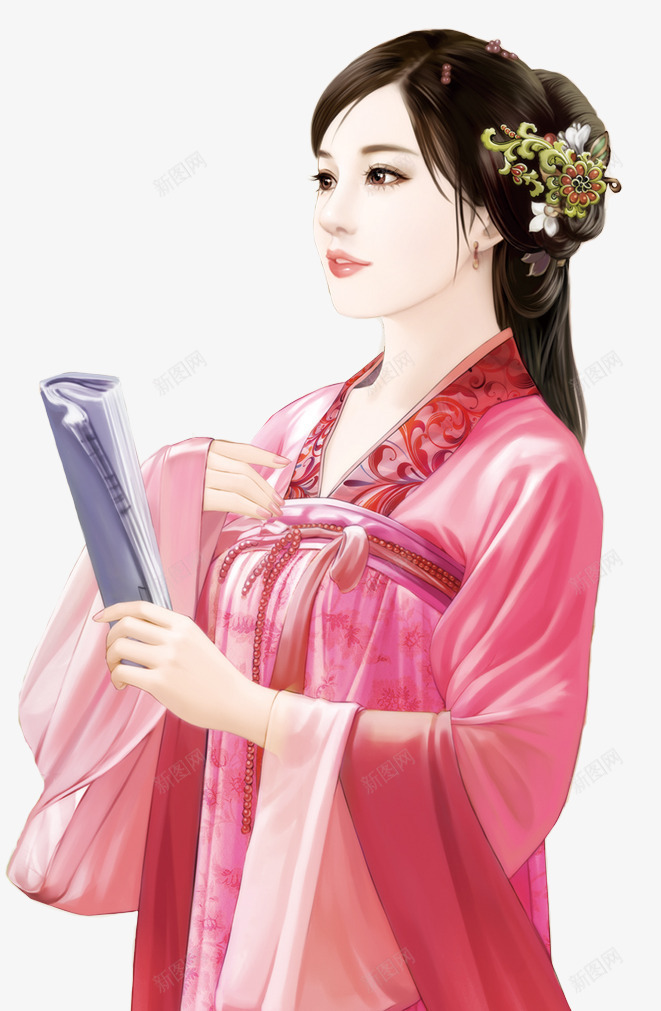 粉衣读书少女古风手绘png免抠素材_新图网 https://ixintu.com 古风 少女 读书
