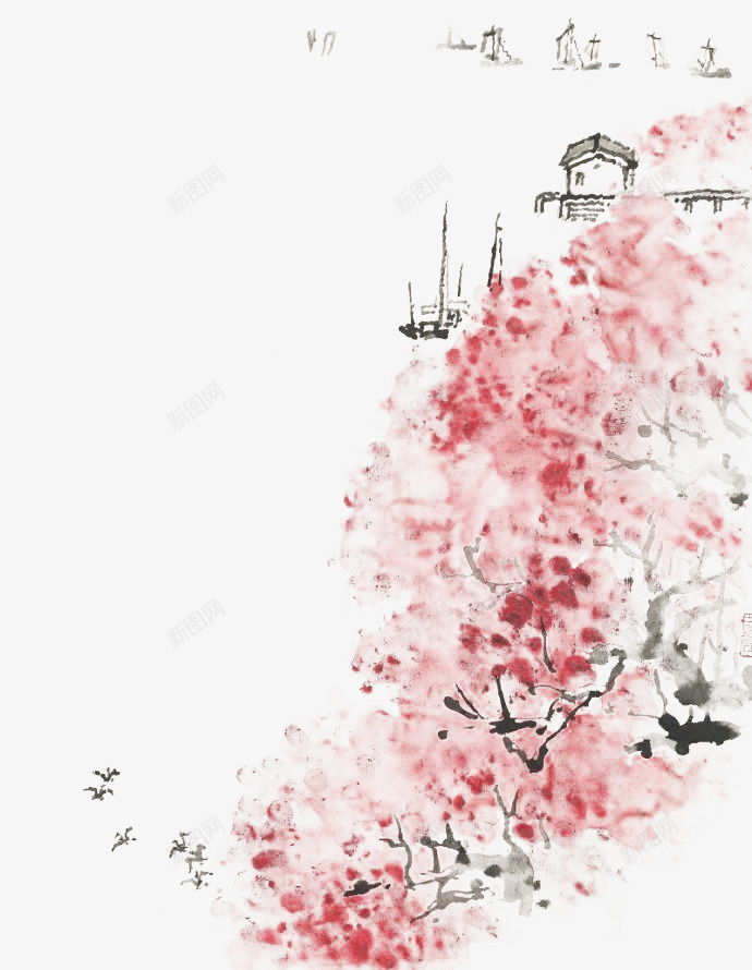 桃花源的住处png免抠素材_新图网 https://ixintu.com 彩墨 房屋 手绘 桃树 桃花 桃花林 植物 粉色 花卉 花朵
