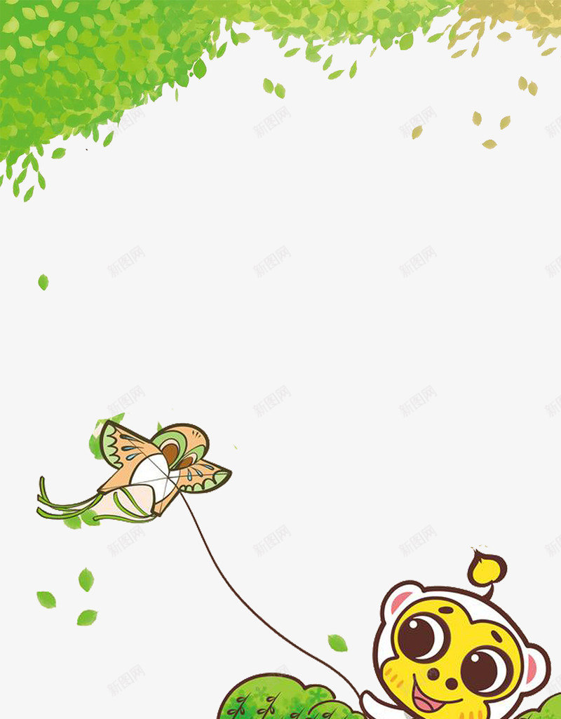 卡通春季草地上放风筝的孩子png免抠素材_新图网 https://ixintu.com 免抠绿色的风筝 卡通 放风筝的孩子 春季 草地上 飘散的树叶