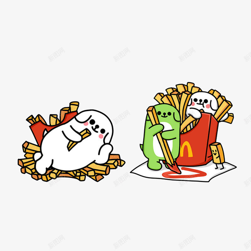 卡通开心吃薯条的小狗psd免抠素材_新图网 https://ixintu.com 开心吃薯条 拿薯条作画 狗吃东西 躺着吃薯条