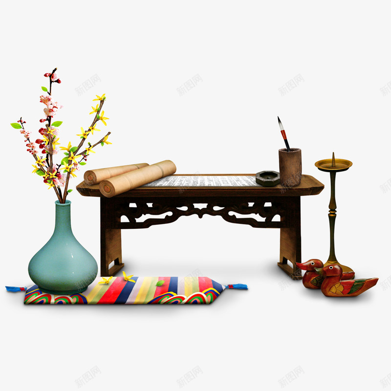 韩国古典文化png免抠素材_新图网 https://ixintu.com 书桌 卷轴 灯台 瓶子 砚台 笔筒 韩国文化