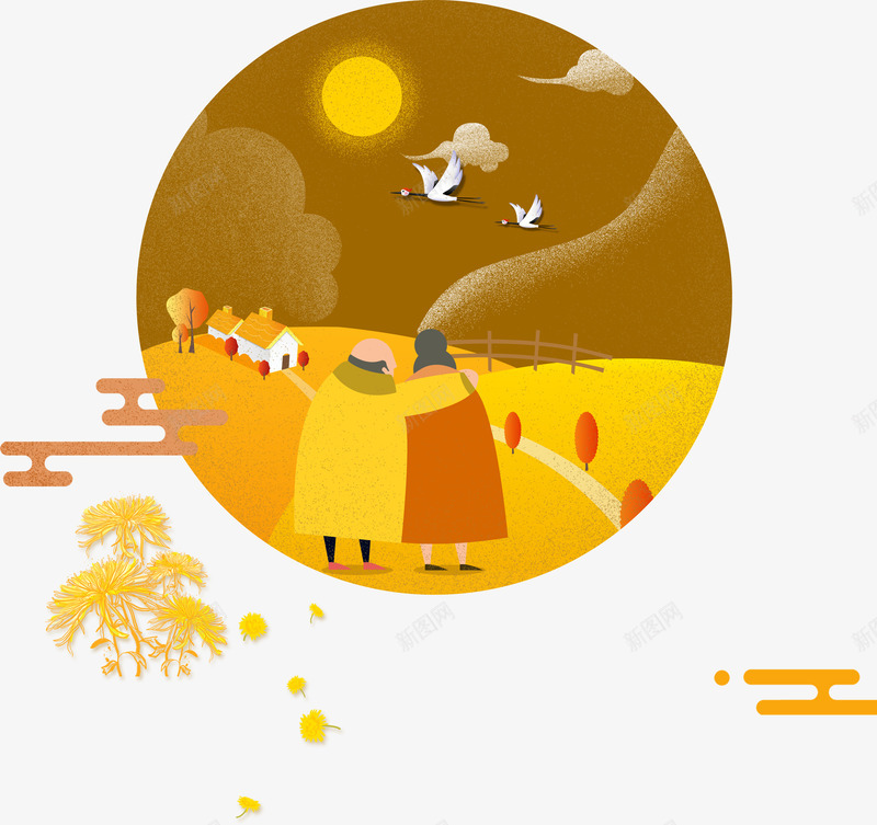 老人搀扶的背影png免抠素材_新图网 https://ixintu.com 中国传统节日 九月九 卡通老人 老人 背影 节日 菊花 重阳 重阳节 风景