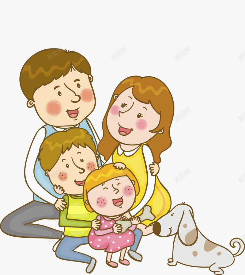 一家四口png免抠素材_新图网 https://ixintu.com 卡通 可爱 微笑 手绘 狗狗 绿色上衣男孩 金发女孩 雀斑