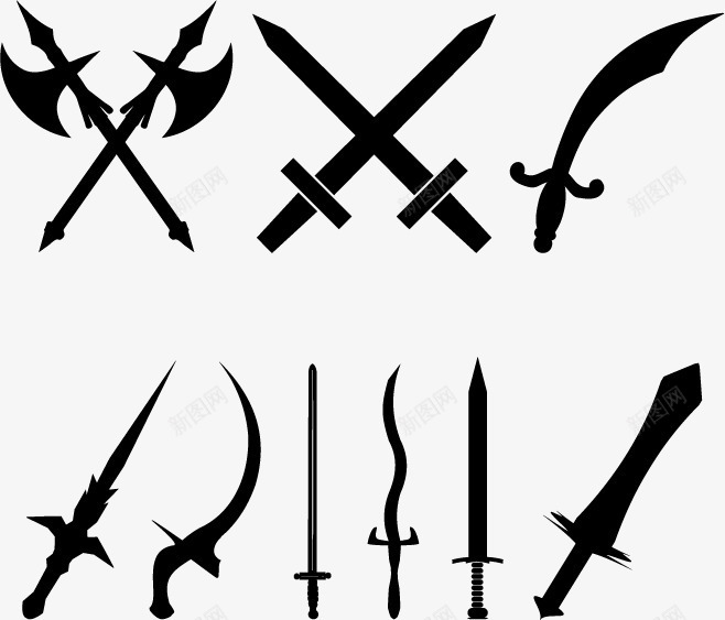 兵器剪影矢量图ai免抠素材_新图网 https://ixintu.com 兵器 冷兵器 刀剑 刀剑图 剪影 古代兵器 斧头 武器 武器库 矢量图 黑白